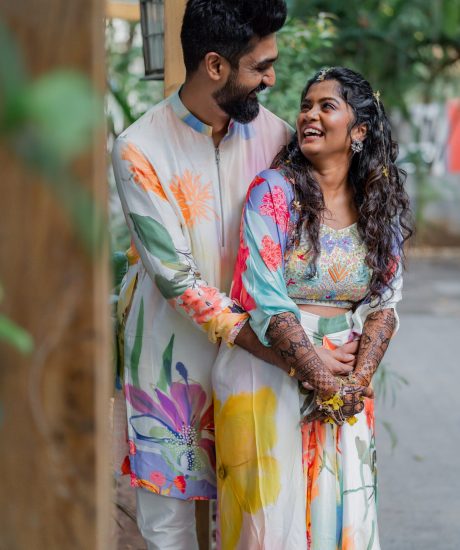 Bride & groom twinning in outfits by Juhi Bengani for their Haldi ceremony.